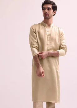 Beige Double Layered Raw Silk Sherwani And Kurta Set