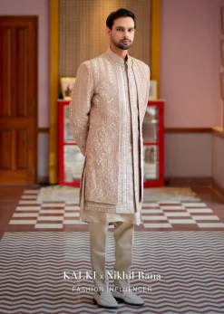 Beige Double Layered Straight Cut Silk Sherwani And Kurta Set