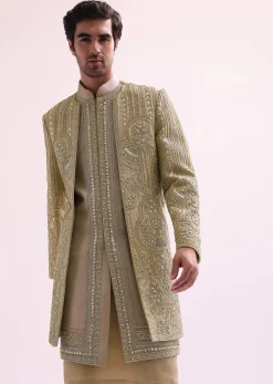 Beige Double Layered Straight Cut Silk Sherwani And Kurta Set