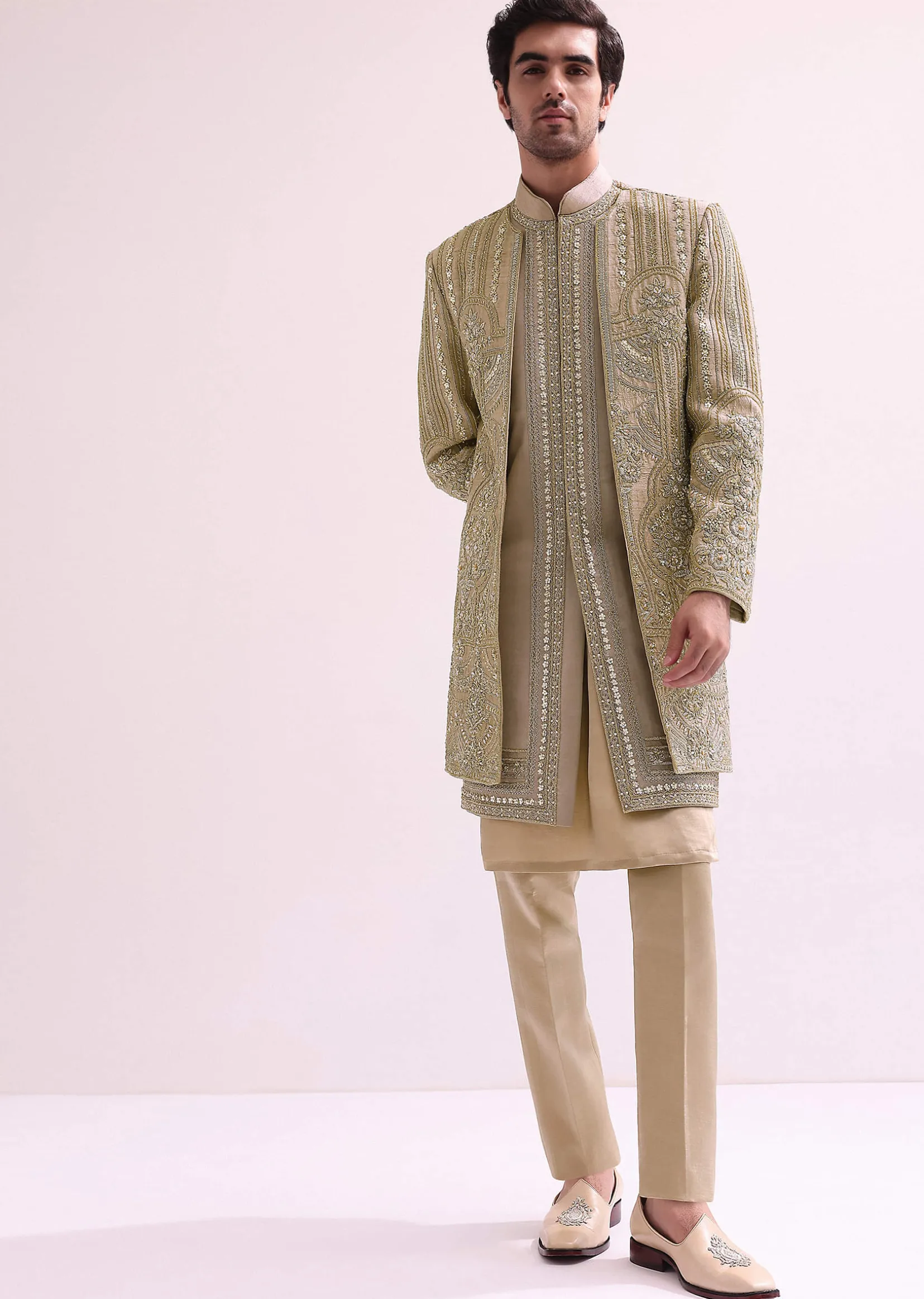 Beige Double Layered Straight Cut Silk Sherwani And Kurta Set