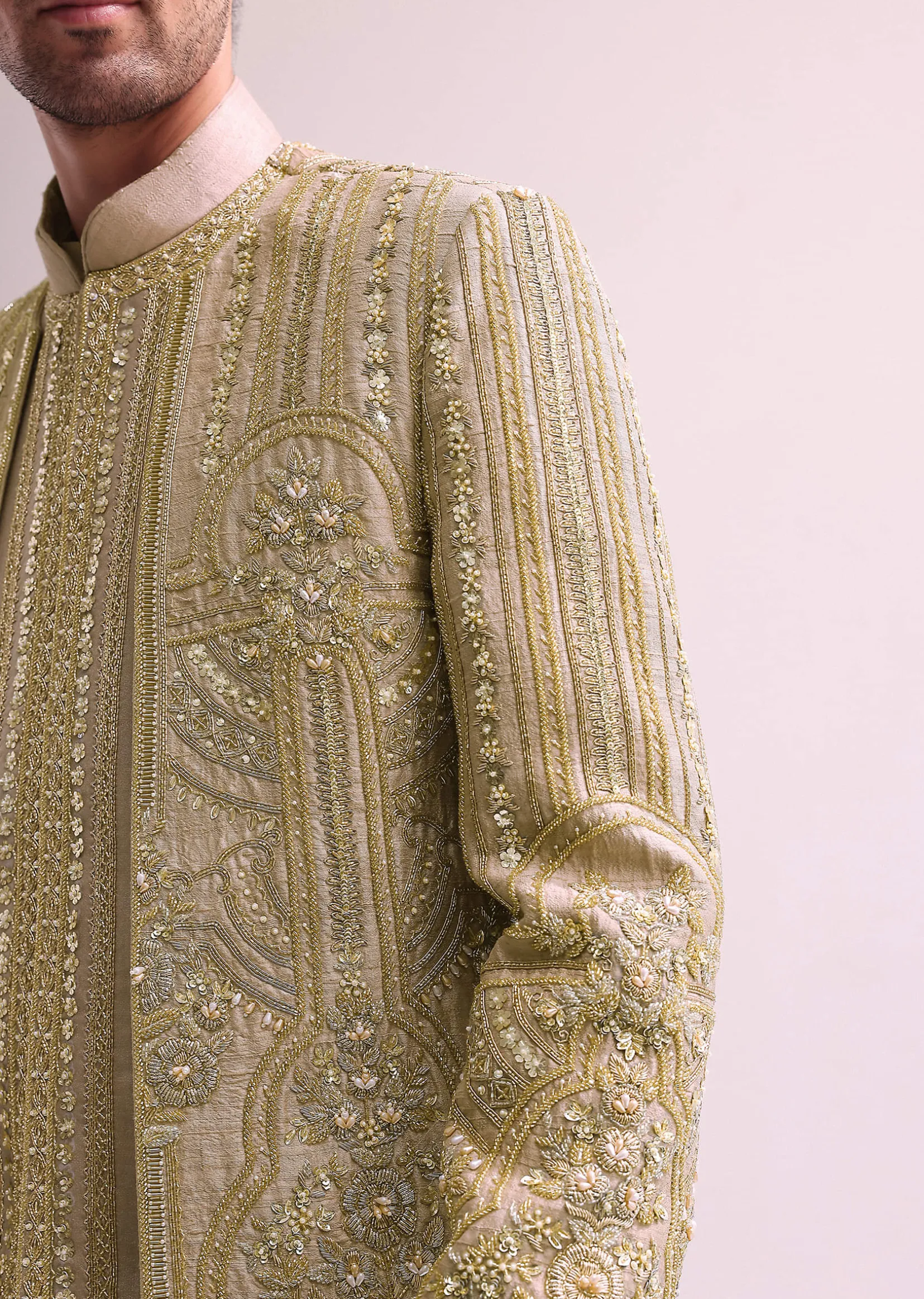 Beige Double Layered Straight Cut Silk Sherwani And Kurta Set