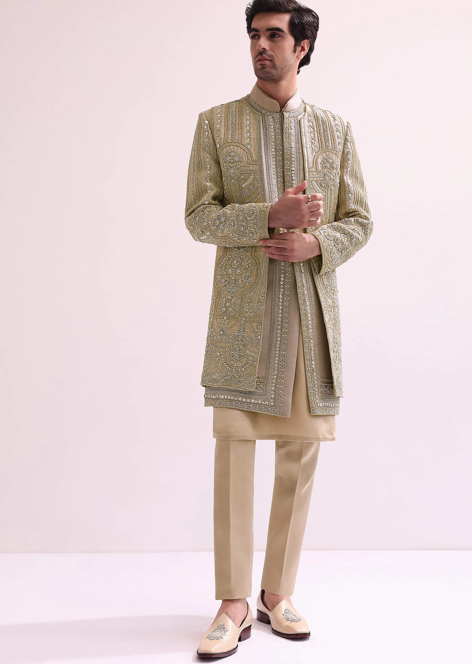Beige Double Layered Straight Cut Silk Sherwani And Kurta Set