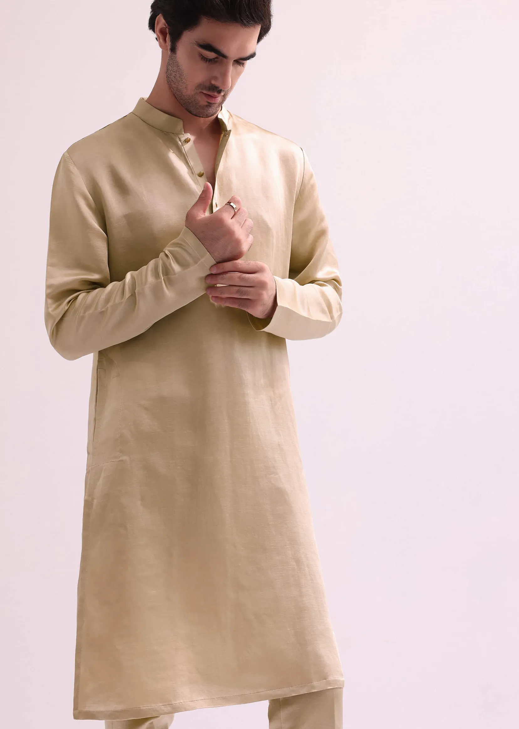 Beige Double Layered Straight Cut Silk Sherwani And Kurta Set