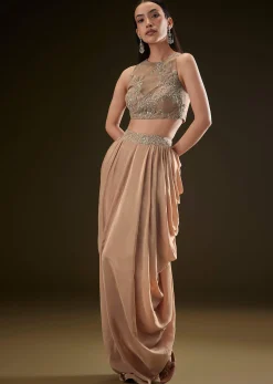 Beige Drape Dhoti Skirt With Embroidered Bustier And Long Cape