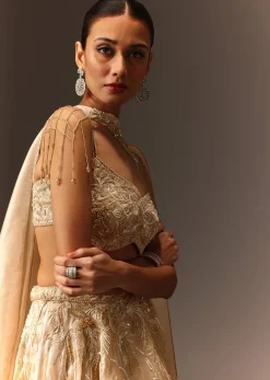 Beige Embroidered Blouse With Skirt And Choker Dupatta