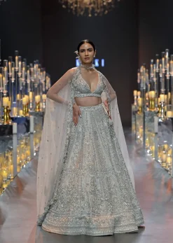 Beige Embroidered Bridal Lehenga Set With Pearl Embellishments