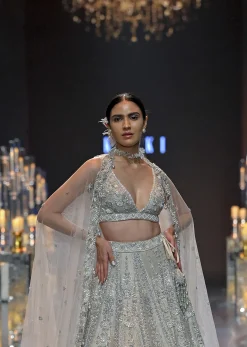 Beige Embroidered Bridal Lehenga Set With Pearl Embellishments