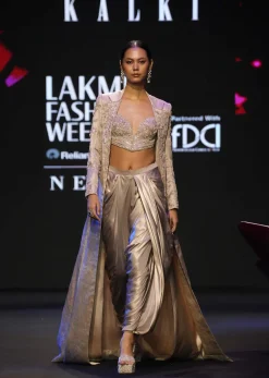 Beige Embroidered Brocade Corset With Long Blazer And Dhoti Pant