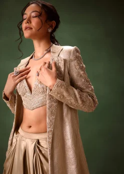 Beige Embroidered Brocade Corset With Long Blazer And Dhoti Pant