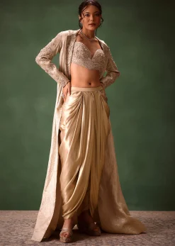 Beige Embroidered Brocade Corset With Long Blazer And Dhoti Pant