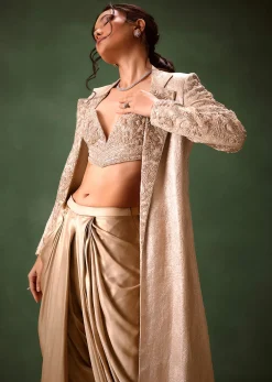 Beige Embroidered Brocade Corset With Long Blazer And Dhoti Pant