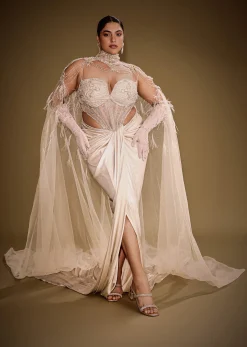 Beige Embroidered Drape Gown With Full Length Embroidered Cape