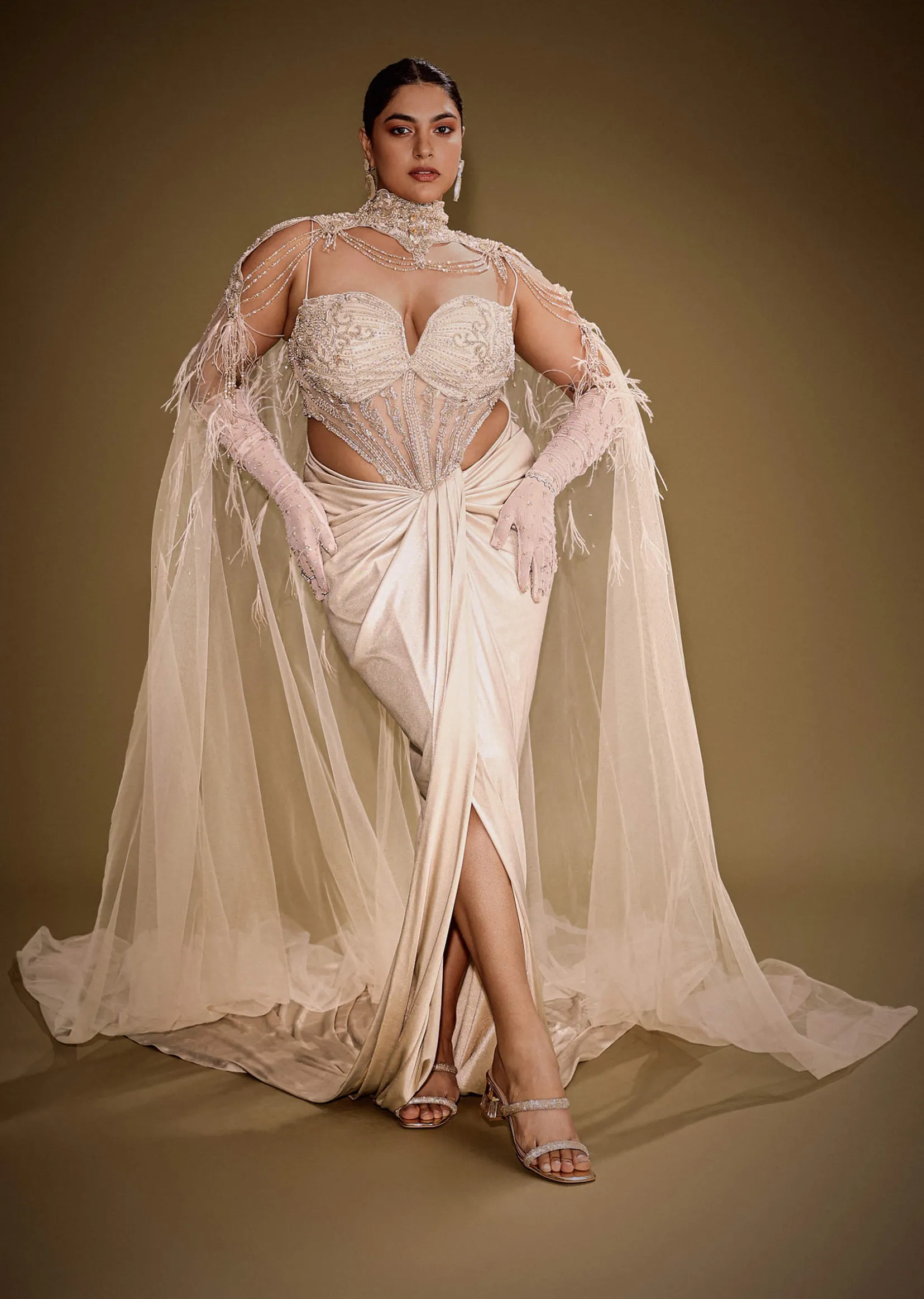 Beige Embroidered Drape Gown With Full Length Embroidered Cape