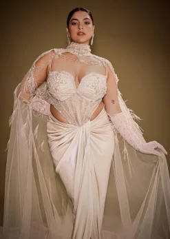 Beige Embroidered Drape Gown With Full Length Embroidered Cape
