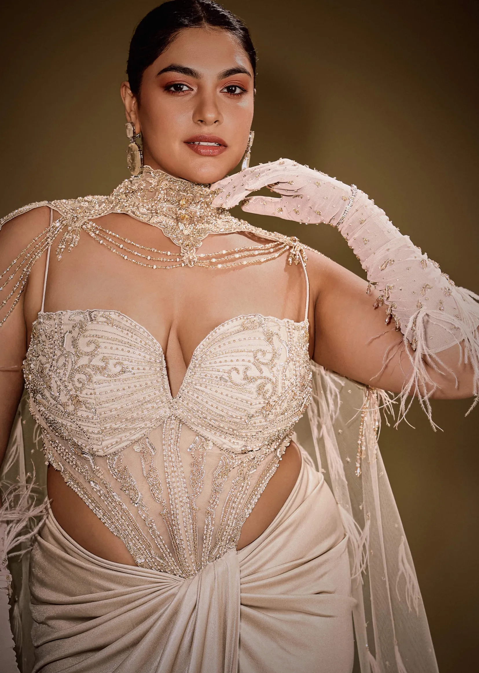 Beige Embroidered Drape Gown With Full Length Embroidered Cape