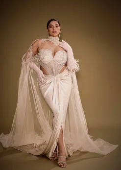 Beige Embroidered Drape Gown With Full Length Embroidered Cape