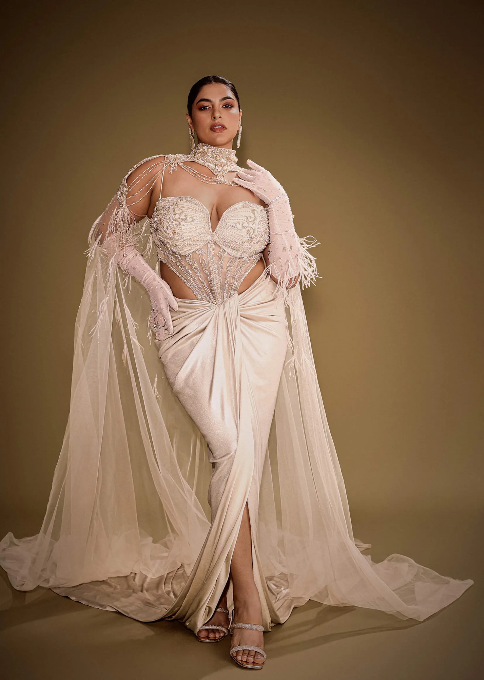 Beige Embroidered Drape Gown With Full Length Embroidered Cape
