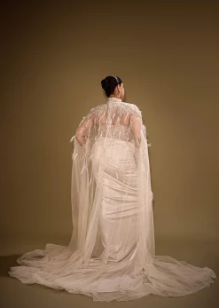 Beige Embroidered Drape Gown With Full Length Embroidered Cape