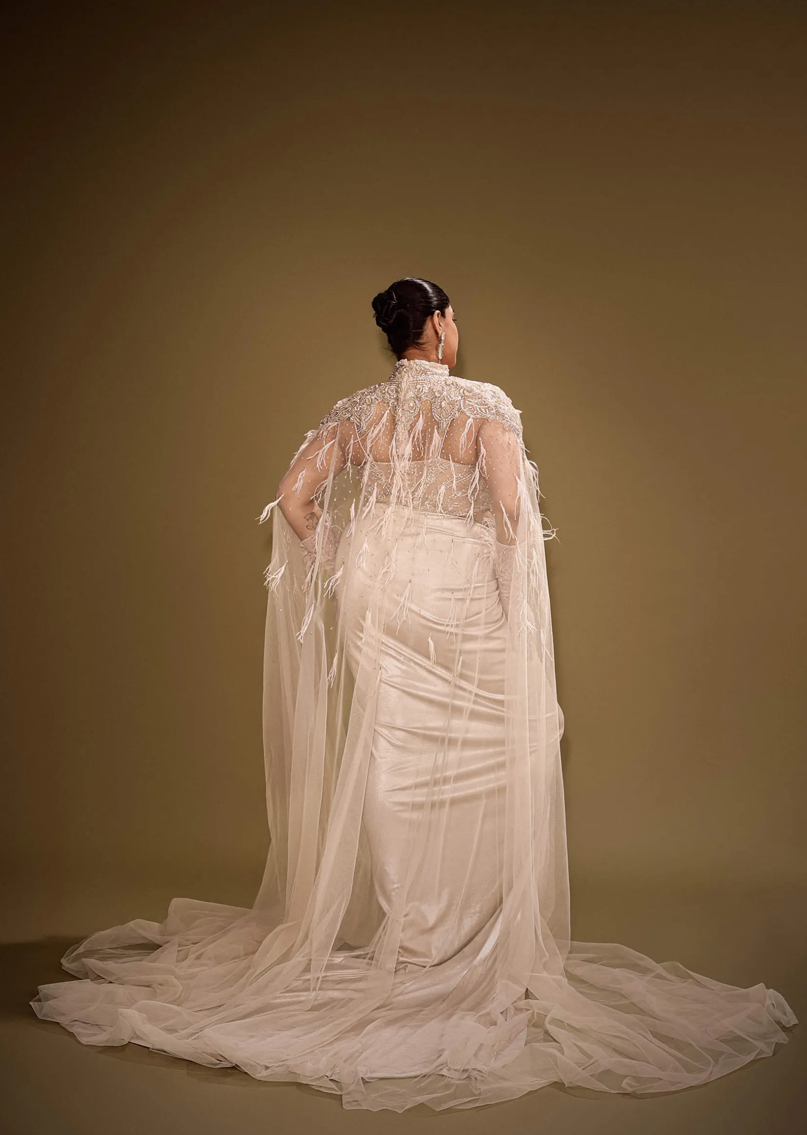 Beige Embroidered Drape Gown With Full Length Embroidered Cape
