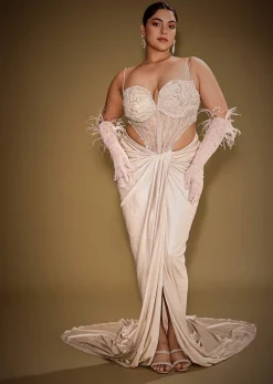 Beige Embroidered Drape Gown With Full Length Embroidered Cape