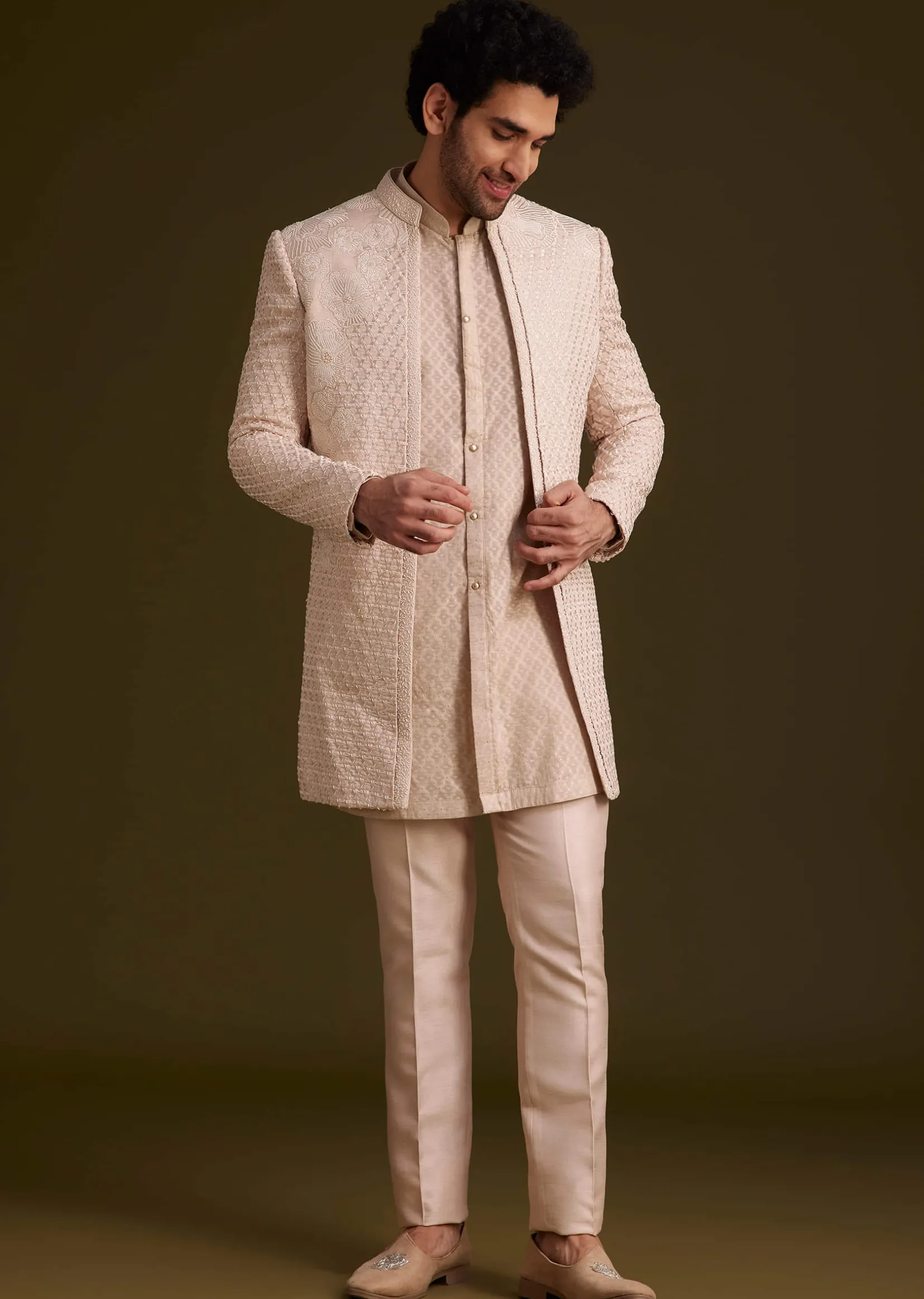 Beige Embroidered Indo Western Set