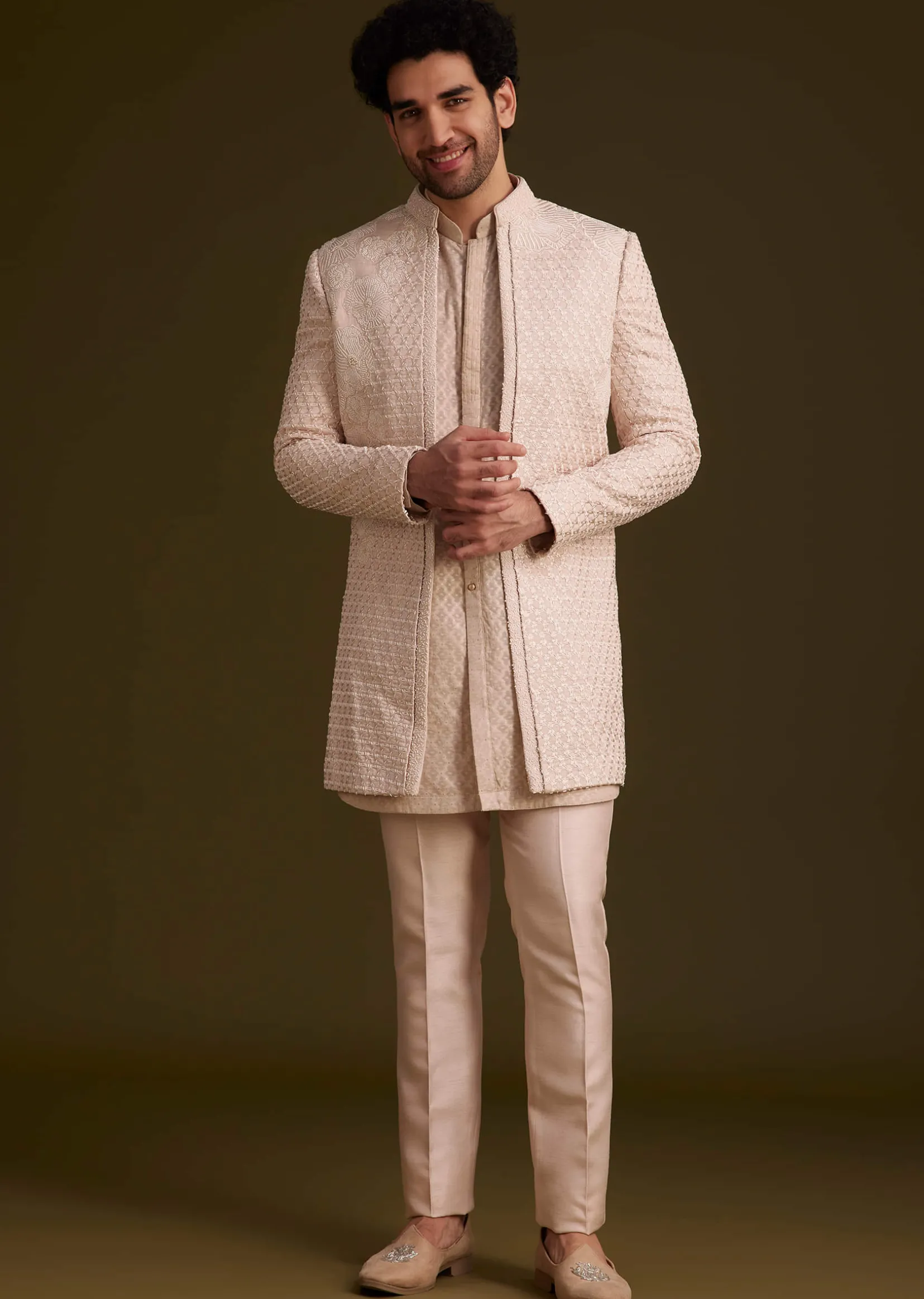 Beige Embroidered Indo Western Set
