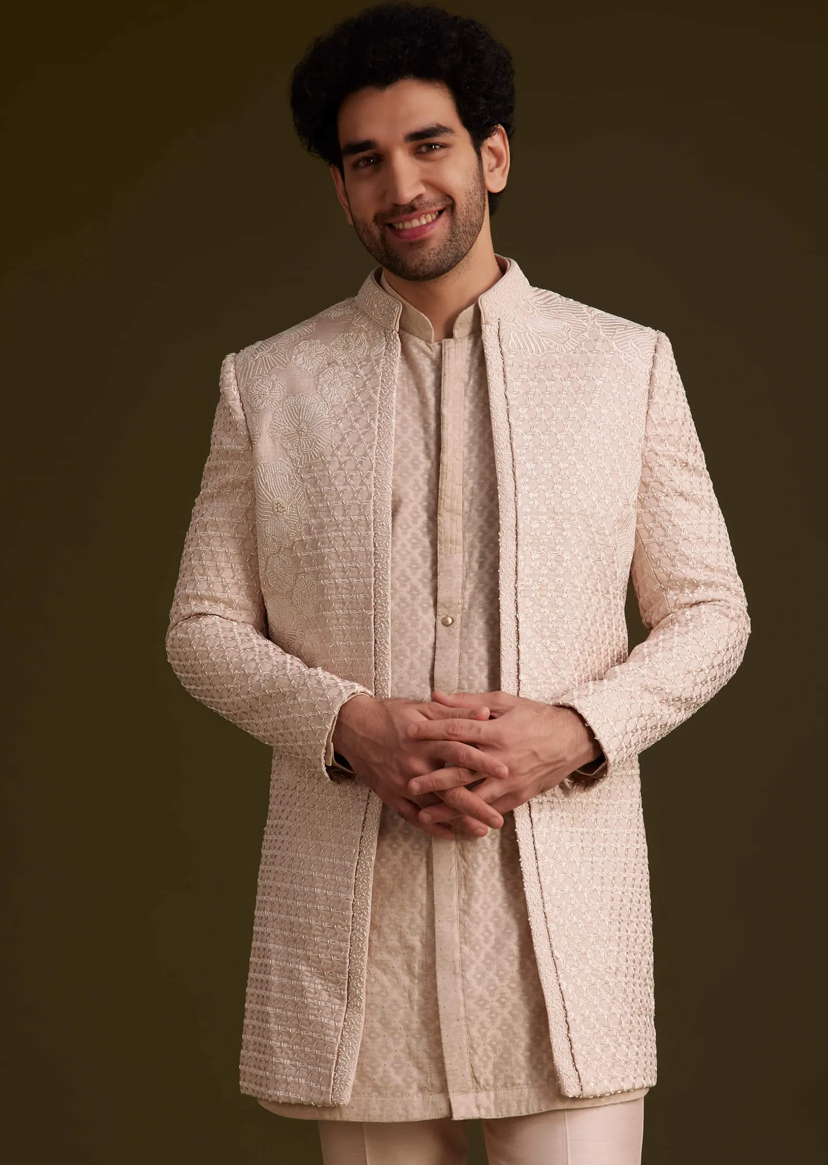 Beige Embroidered Indo Western Set
