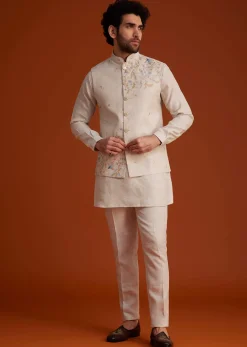 Beige Embroidered Kurta Jacket Set