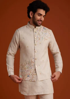 Beige Embroidered Kurta Jacket Set