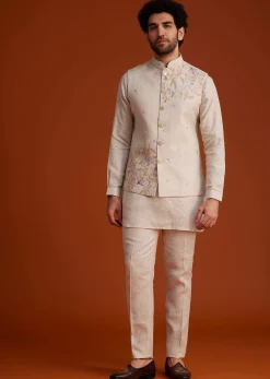 Beige Embroidered Kurta Jacket Set