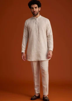 Beige Embroidered Kurta Jacket Set
