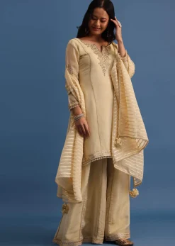 Beige Embroidered Kurta Palazzo With Dupatta