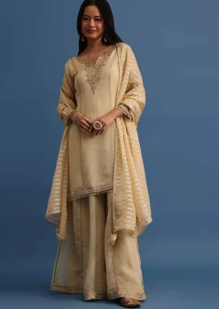 Beige Embroidered Kurta Palazzo With Dupatta