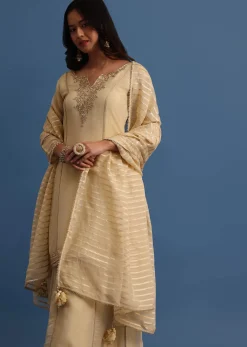 Beige Embroidered Kurta Palazzo With Dupatta