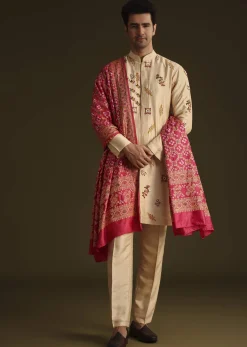 Beige Embroidered Kurta Set With Red Dupatta