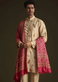 Beige Embroidered Kurta Set With Red Dupatta