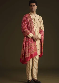 Beige Embroidered Kurta Set With Red Dupatta