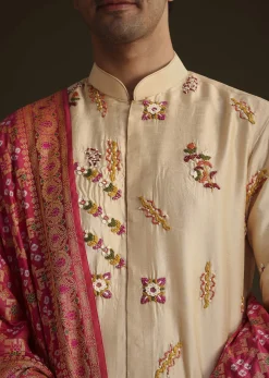 Beige Embroidered Kurta Set With Red Dupatta