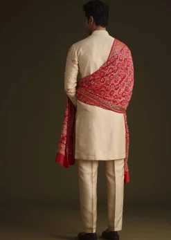 Beige Embroidered Kurta Set With Red Dupatta