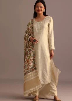 Beige Embroidered Kurti Pant Set With Kalamkari Printed Chanderi Dupatta