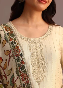 Beige Embroidered Kurti Pant Set With Kalamkari Printed Chanderi Dupatta