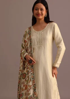 Beige Embroidered Kurti Pant Set With Kalamkari Printed Chanderi Dupatta