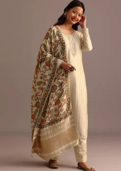 Beige Embroidered Kurti Pant Set With Kalamkari Printed Chanderi Dupatta