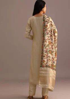 Beige Embroidered Kurti Pant Set With Kalamkari Printed Chanderi Dupatta