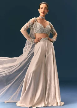 Beige Embroidered Organza Blouse With Circular Palazzo And Cutwork Jacket