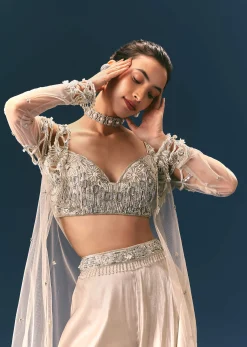Beige Embroidered Organza Blouse With Circular Palazzo And Cutwork Jacket