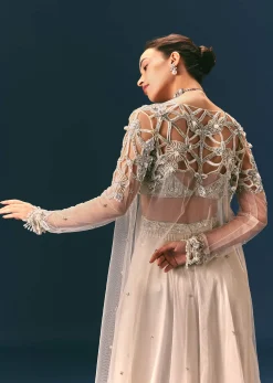 Beige Embroidered Organza Blouse With Circular Palazzo And Cutwork Jacket