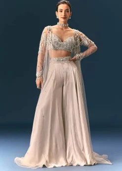 Beige Embroidered Organza Blouse With Circular Palazzo And Cutwork Jacket