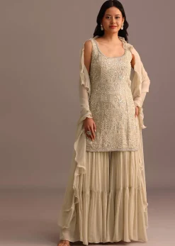 Beige Embroidered Sharara Set With Dupatta