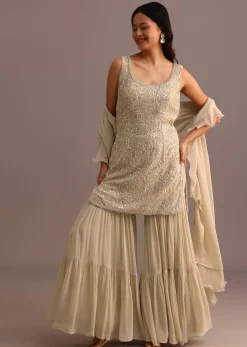 Beige Embroidered Sharara Set With Dupatta